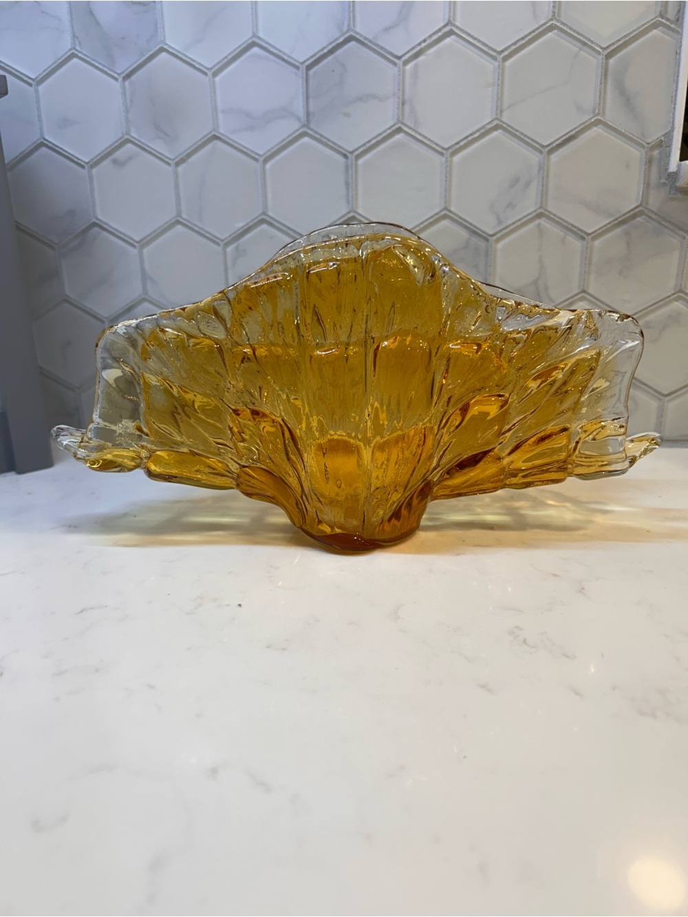 Vintage Amber Glass Textured Fan Bowl Centerpiece | Coastal Boho Decor